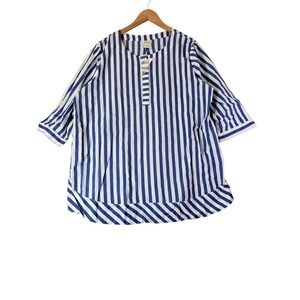 Blair‎ Womens Striped Cotton Tunic Top XL Blue White 3/4 Sleeve Nautical Casual